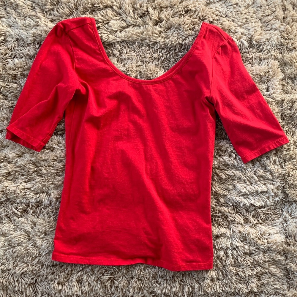 ❤️Basic Red 3/4 Length Sleeve Scoop Neck T-Shirt